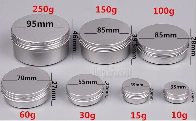 5 10 15 30 60 100 150 200 250 Ml Empty Aluminium Cosmetic Containers Pot Lip Balm Jar Tin for Cream Ointment Hand Cream Packagin