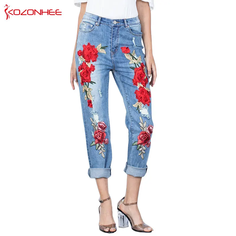 Pantalones vaqueros rasgados 3D con flores rosas bordadas, elásticos, para mujer