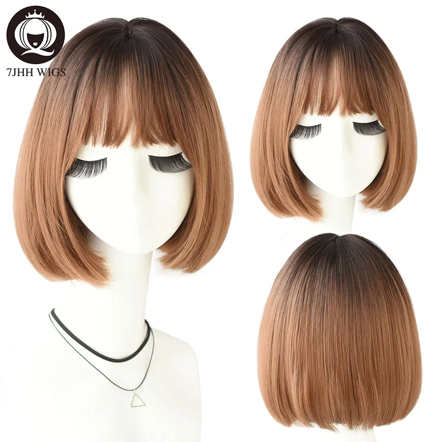 7JHH-Peluca de cabello sintético para mujer, postizo de Pelo Corto con flequillo, color rubio, resistente al calor, sin pegamento, color ombrer