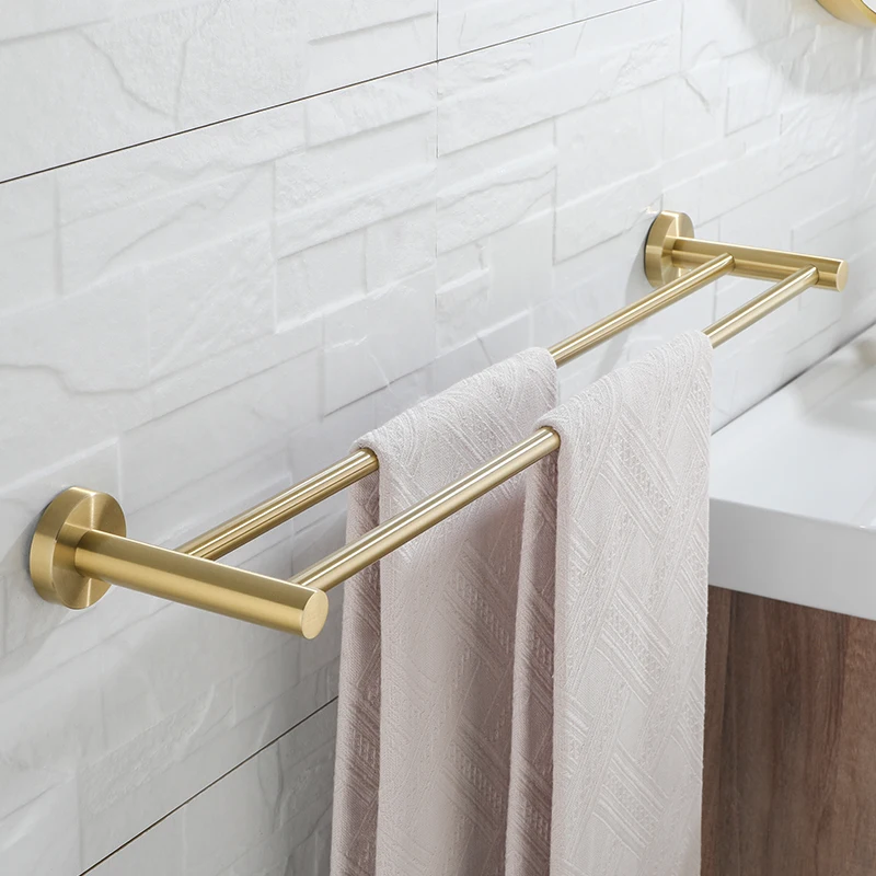 Vibrant Moderne Brushed Gold Towel Racks Fashion Gold Color Double Bar 304 Stainless Steel Bathroom Accessories Wall Mounted