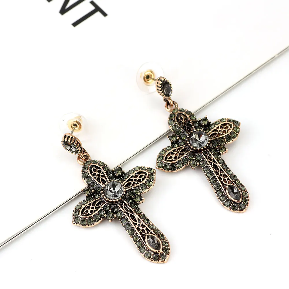 Sunspicems Vintage Gray Rhinestone Cross Pendant Necklace Earring Sets for Women Religious Church Jewelry Turkish Design 2020