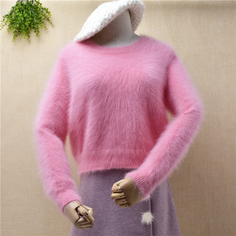 ladies women fashion hairy pink mink cashmere short style crop top loose pullover angora rabbit fur winter jumper sweater pull