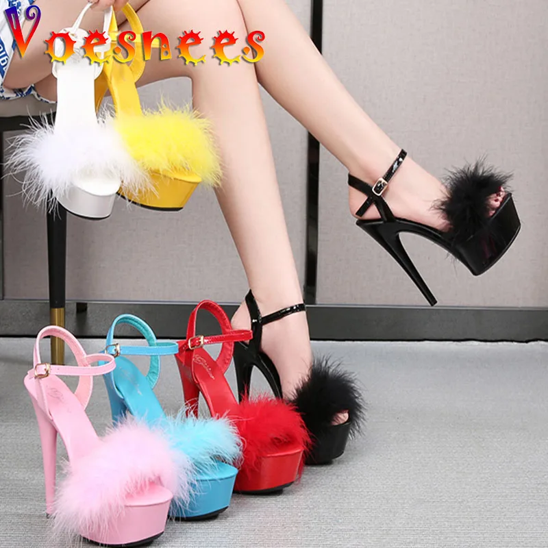 Fashion Up Fur Ultra High Women Sandal New Design Platform Night Club Dance Shoes Summer Pure Colour Buckle Strap High Heels