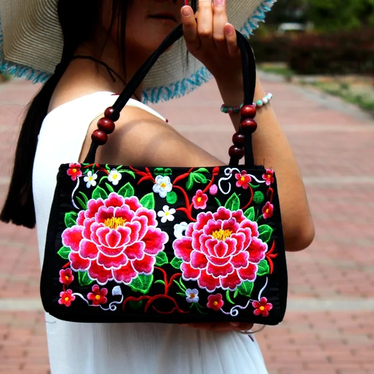 Bolso pequeño bordado para mujer, bolsa con asa superior, bordado Floral nacional, de una sola capa, con abalorios