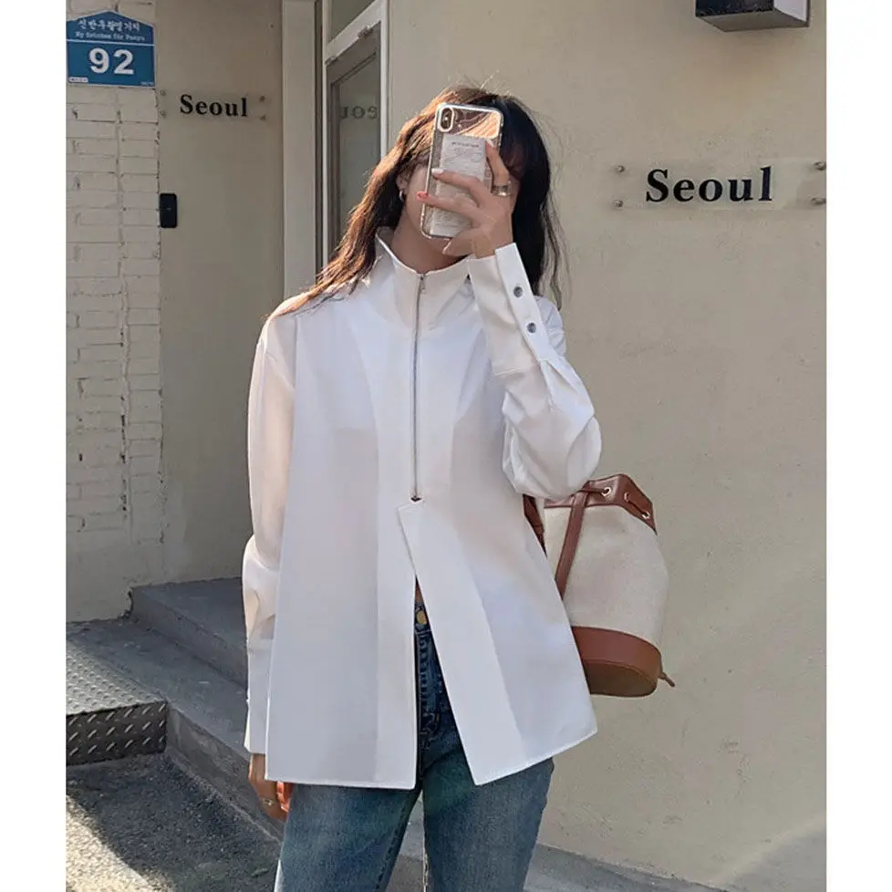 Women Blouse Long Sleeve Stand Collar Zipper Closed Tops Female Solid Color Orignal Design Loose Shirts  Lapel Black White Tops