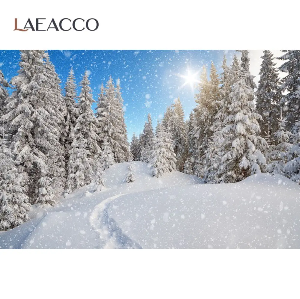 Laeacco Winter Snow Mountain Pine Tree Forest Way Natural View Scenic Photographic Background Photo Backdrop For Photo Studio