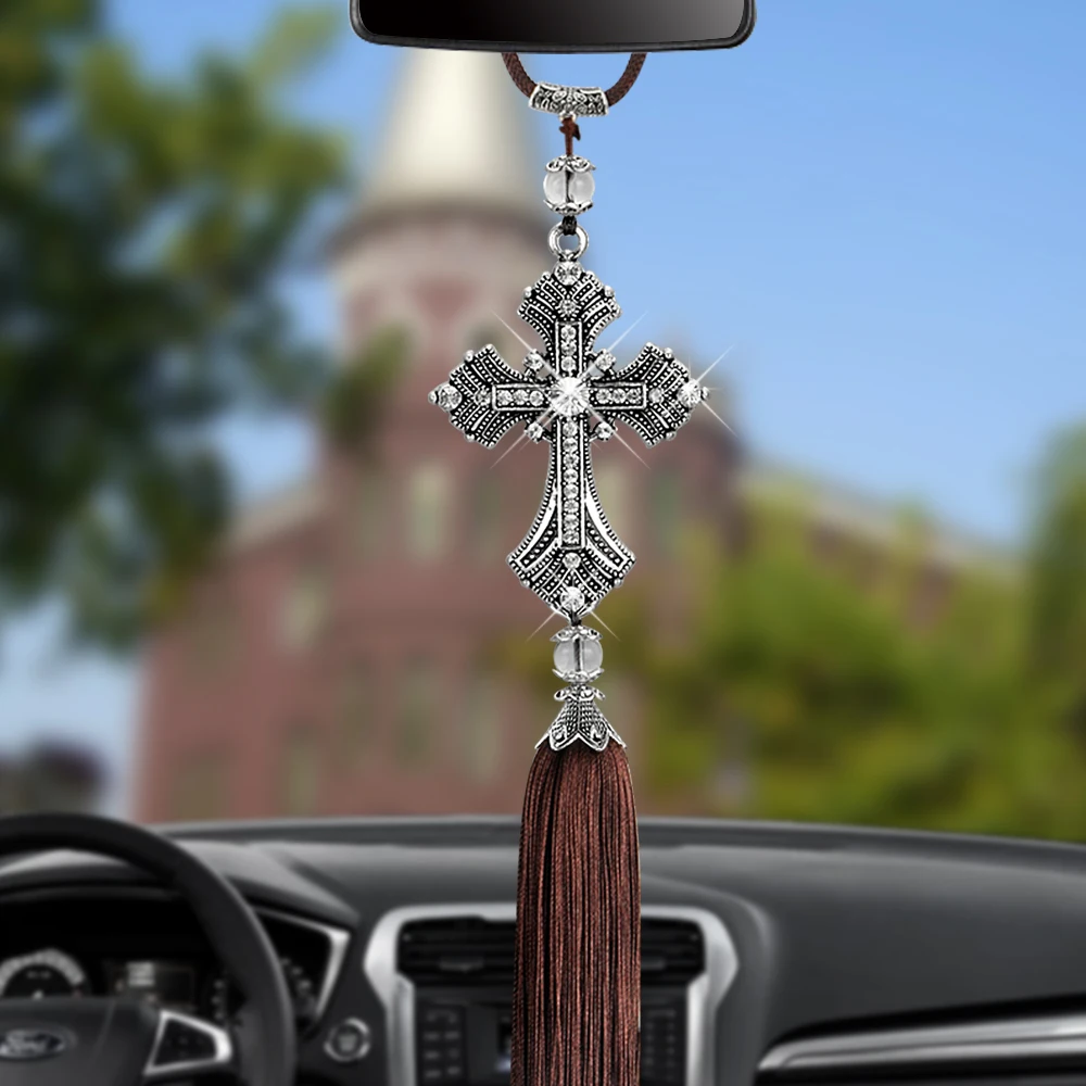 Metal And Crystal Diamond Cross Jesus Christian Car Rear View Mirror Car Pendant Hanging Car Accessories Automobiles Decoration