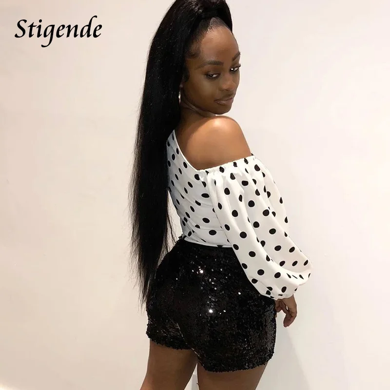 Stigende Sexy Lantern Sleeve Polka Dot Crop Blouse Women Casual Slash Neck Short Blouse Fashion One Shoulder Shirts Blouses