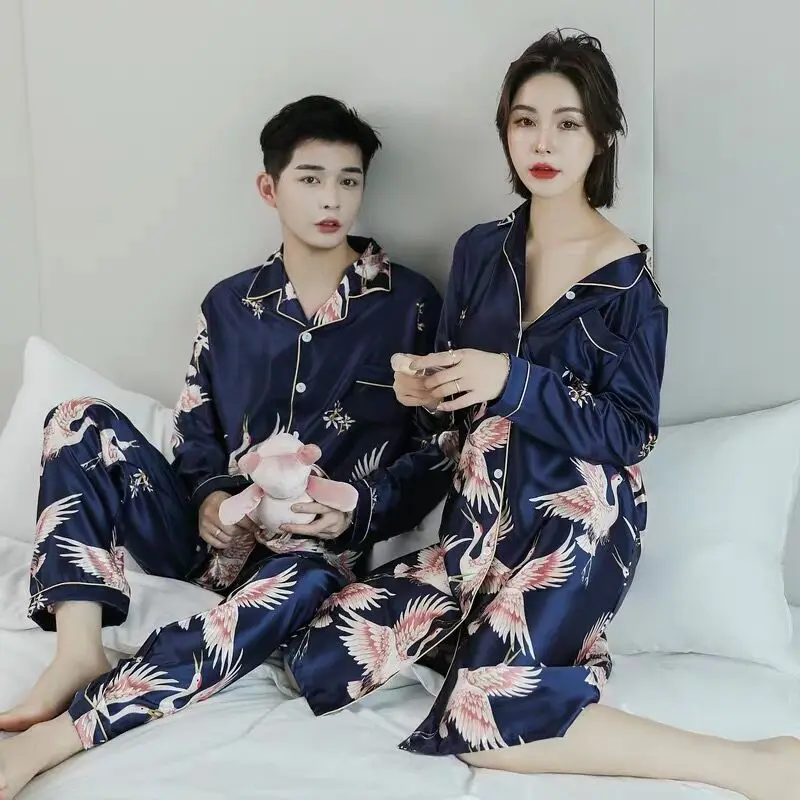 New Luxury Mr Mrs Pajamas Men Birds Pattern Sleepwear Silk Long-sleeved Satin Male Winter Men Lounge Pajamas Set Plus Size 4XL