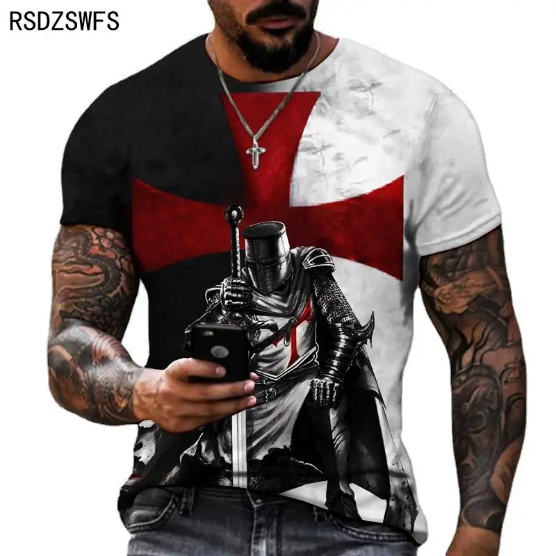 Samurai Pattern Knights Templar 3D Print T-Shirt Retro Style Of European And American Street Short Sleeve T Shirt Men Tops Tees