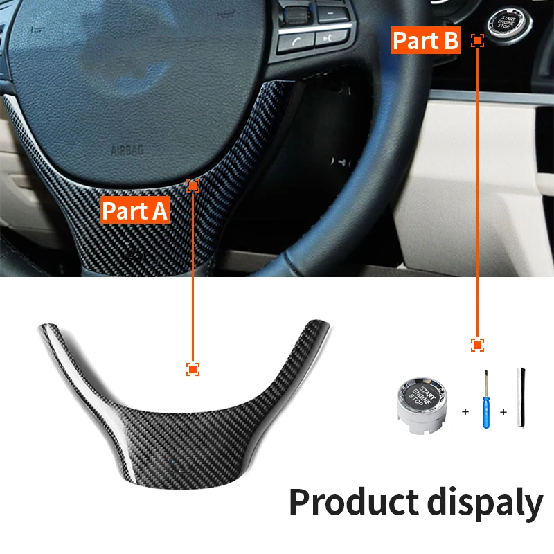 

For BMW 5 7 Series F10 F11 F18 GT F07 F01 F02 F04 Carbon Fiber Steering Wheel Panel Cover Trim Sticker+Engine Start Stop Button