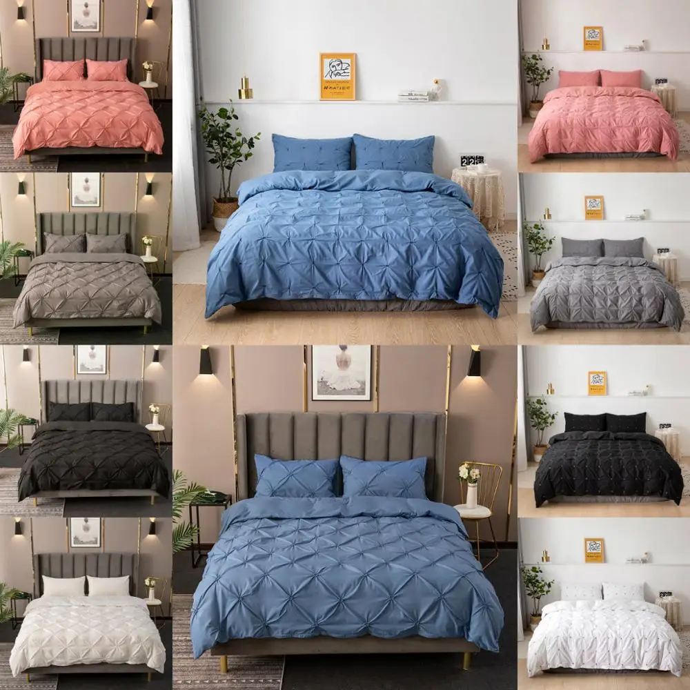 Luxury Blue Duvet Cover Pillowcases Pinch Pleat Pintuck Design Bed Comforter Cover Set for Women Men Kids Twin Queen King Size