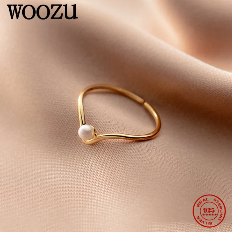 WOOZU 925 Sterling Silver Simple V-Shape Round Pearl Adjustable Finger Rings For Women Korean Wedding Statement Delicate Jewelry