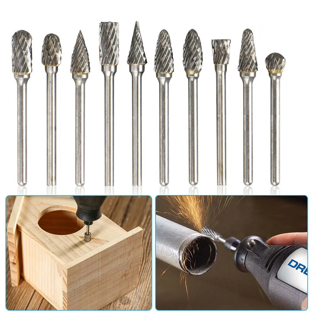 10 Types Tungsten Carbide Head Rotary File Tool Point Burr Grinder Abrasive Tools Drill Die Milling Carving Bit Double Cut Tools