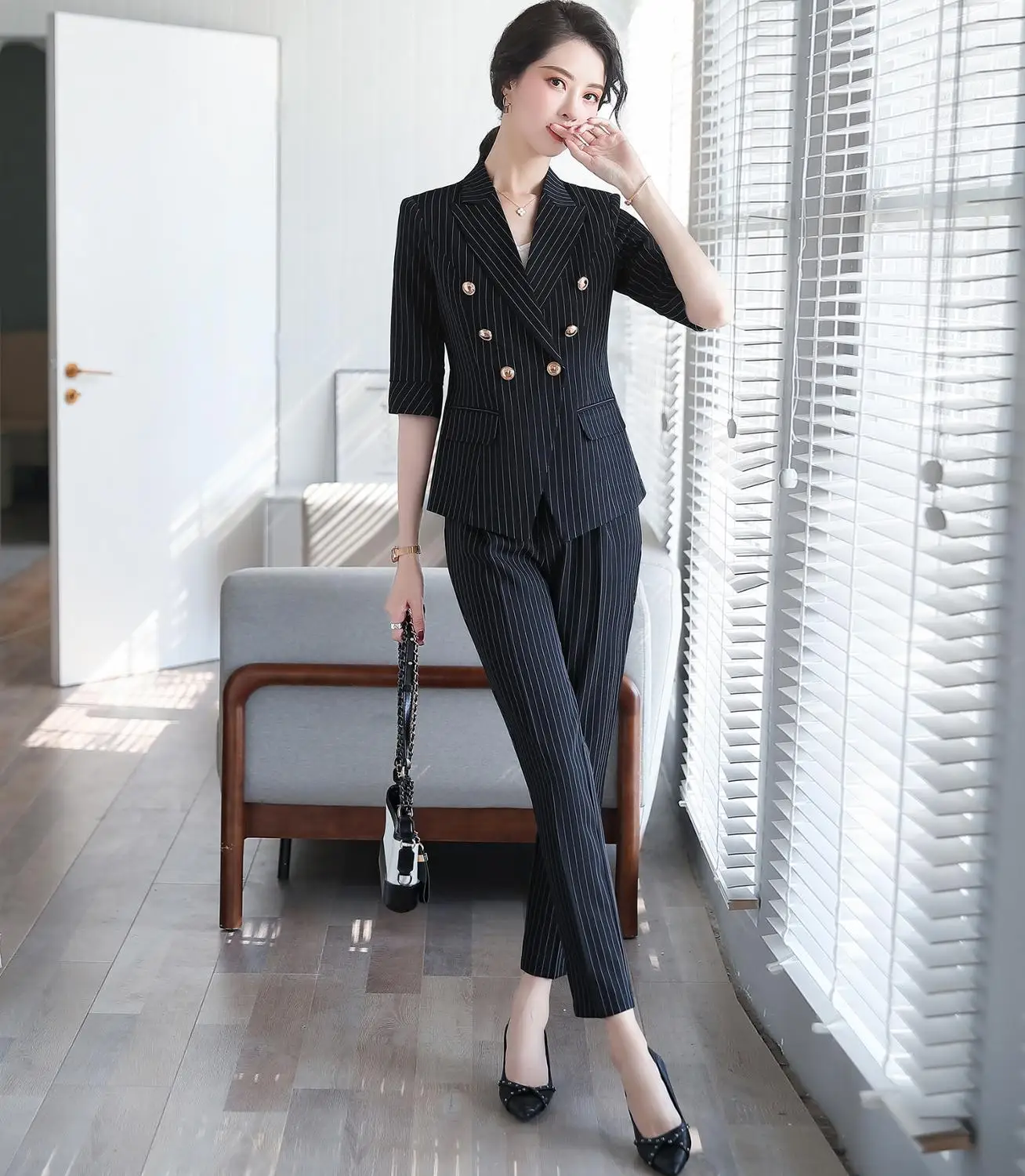 Lente Zomer Vrouwen Pak Elegante Slanke Double Breasted Gestreepte Half Mouw Blazers Office Lady Casual Business Werk Broek Past