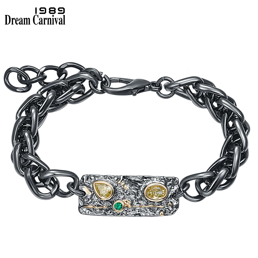 DreamCarnival 1989 Original Gothic Bracelet for Women Olivine Zirconia Cool Black Metal Fashion Jewelry Pulseira Feminina WB1233