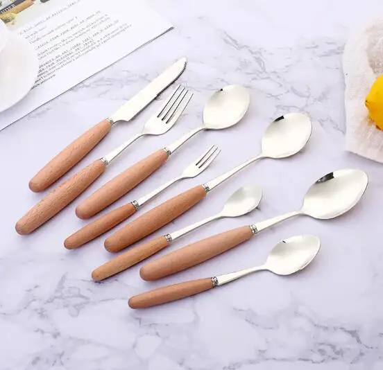 

Wood handle stainless steel tableware Wood stainless steel knife fork spoon Chopsticks long handle spoon