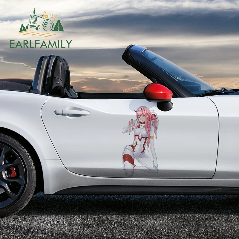 EARLFAMILY 43cm x 22.5cm For Zero Two Waterproof Car Stickers Anime Decal Funny Vinyl Car Wrap RV JDM Sunscreen Sticker