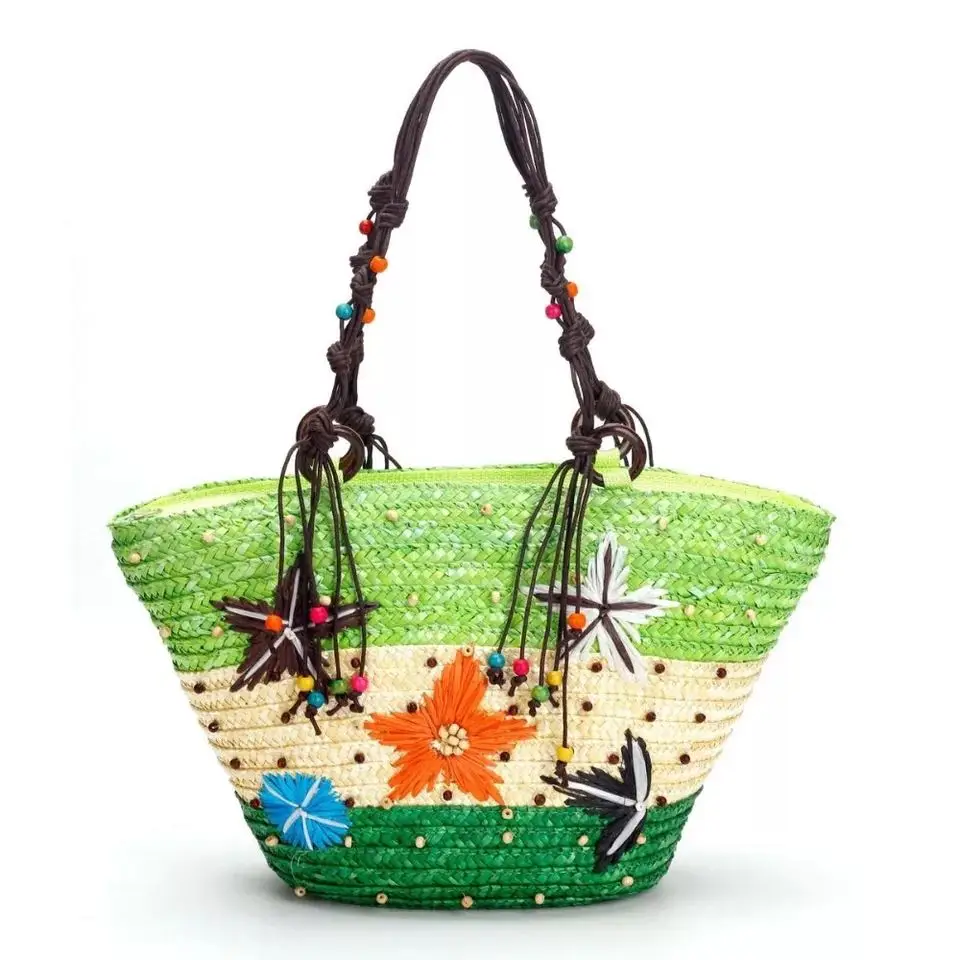 Bohemian Hand-embroidered Starfish Straw Bags Beaded Wicker Woven Women Shoulder Bag Rattan Handbag Summer Beach Large Tote 2021