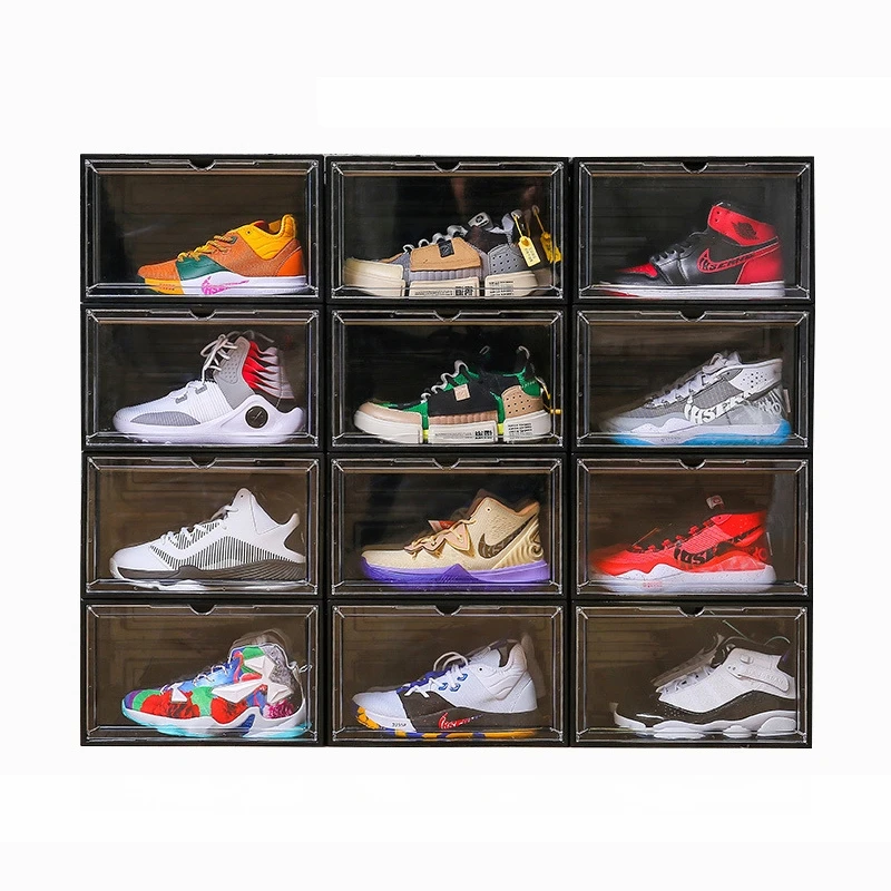 10 pack Large Clear Shoe Box Magnetic Drop Side Stackable Case Sneaker Rack Closet Organizer storage box organizer  space saver