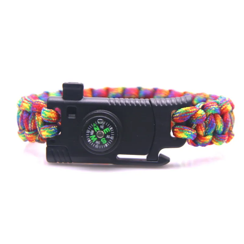 Multi-function Military Emergency Survival Paracord Rainbow Bracelet Outdoor Scraper Whistle buckle paracord tools