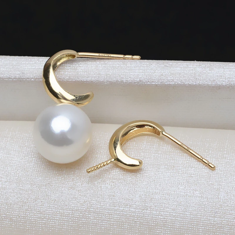 Nice Quality Moon Shape 18K Yellow Gold Stud Earrings Mountings Settings Parts AU750 Jewelry Findings for Pearls Beads Stones