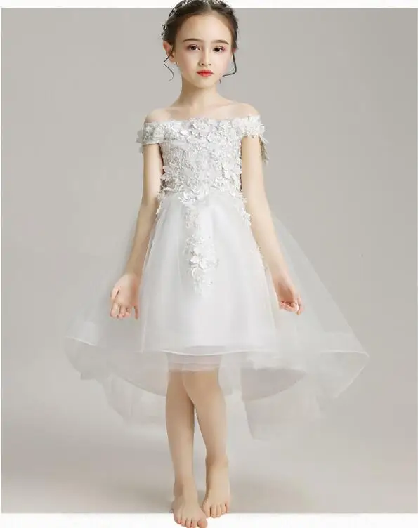 White Lace Embroidery Flower Girl Dress For Wedding Off Shoulder Kids Princess Party Events Dress Baby Girl First Communion Gown