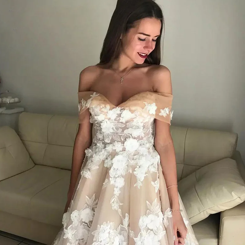 MYYBLE-vestido de novia Formal de corte en A, tul champán, sin tirantes, apliques de marfil, hombros descubiertos, cola, 2021