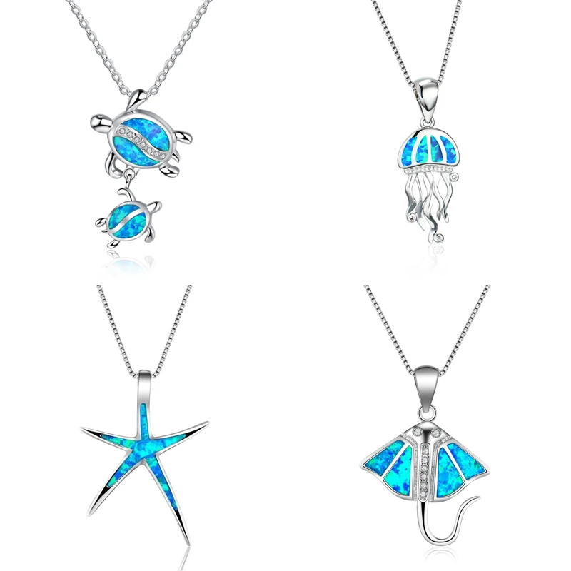 Bohemia Blue Imitation Opal Cute Starfish Pendant Necklace For Women Charm Crystal Animal Turtle Necklace Jewelry Gift for Women