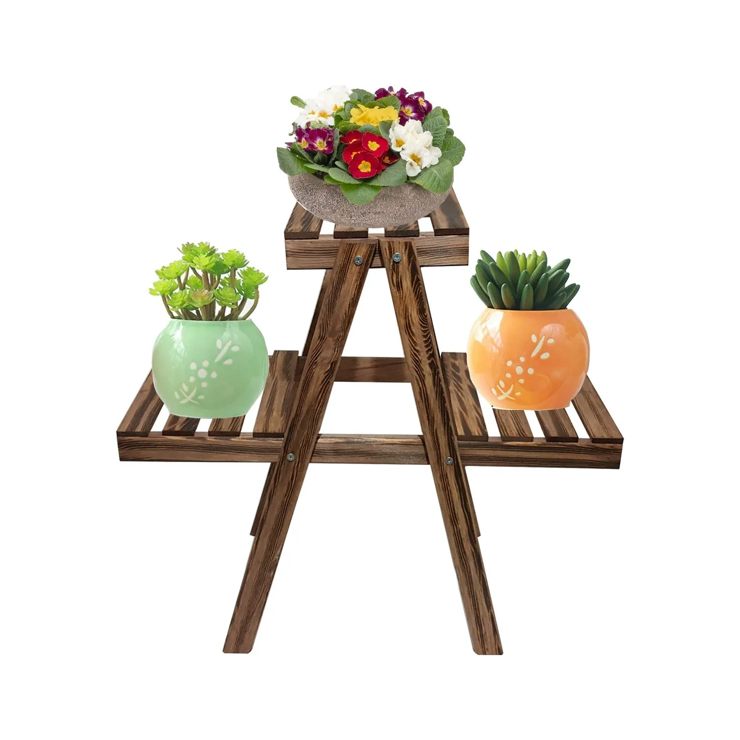 Genius Fashion Decorative Tumbled Burning Wooden Flower Pot Flower Pot Stand 2 Tiers Wooden Flower Rack Plant Stand Multi Flower