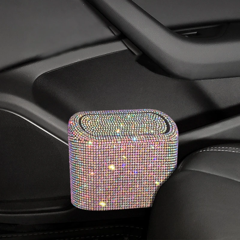 Car Rhinestone Trash Can Convenient Storage Bucket Tissue Phone Bin Garbage Box for Car Garbage Can with Lid Car Accessories