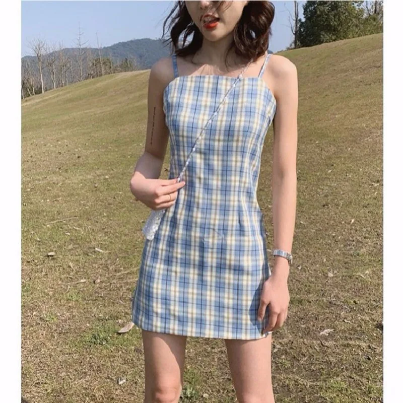 Summer Vintage Plaid Strap Slim Dress Women Sexy Sweet Sleeveless Mini Dress Preppy Suspender Boho Beach Holiday Base Dresses