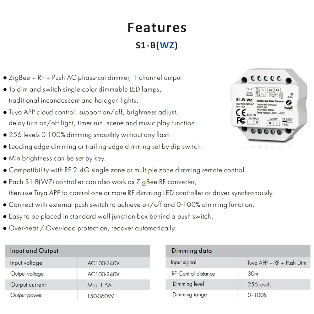 Tuya Zigbee Dimmer 220V 230V 110V Wifi RF 2.4G Telecomando senza fili AC Triac Dimmer Interruttore a pulsante per lampadina a LED 220V S1-B