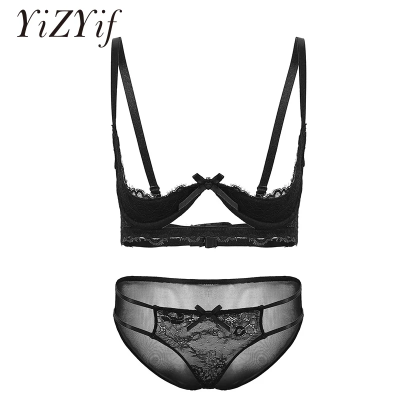 

2Pcs Womens Erotic Sheer Lace Lingerie 1/4 Sponge Cups Underwired Bra Top with Low Rise G-string Briefs Sexy Bikini Nightwear