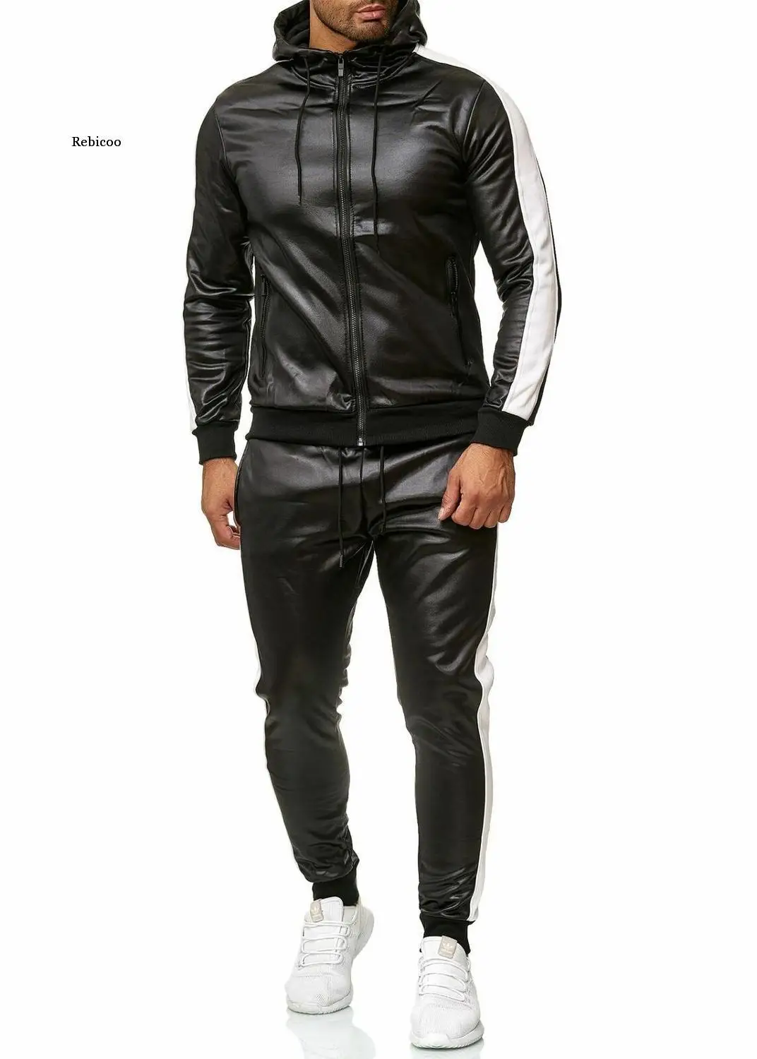 Pu Leather Men Tracksuit Hooded Men\'s Set Casual 2 Pieces Set Faux Leather Jacket+Pants Motorcycle Sports Suit Mens Clothes