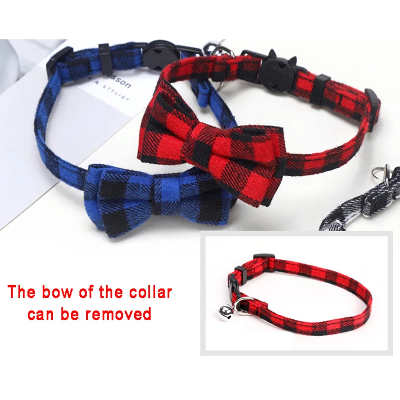 Bowknot Breakaway Cat Collar Bow Tie Safety Buckle Plaid Christmas Chihuahua Necklace Elastic Adjustable Dog Collar for Puppy