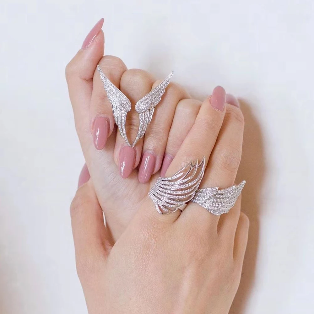 HIBRIDE Trendy New Unique Design Angel Wing Shape Adjustable Size Women Rings Micro CZ Stone Pave Finger Ring Bihoux R-215