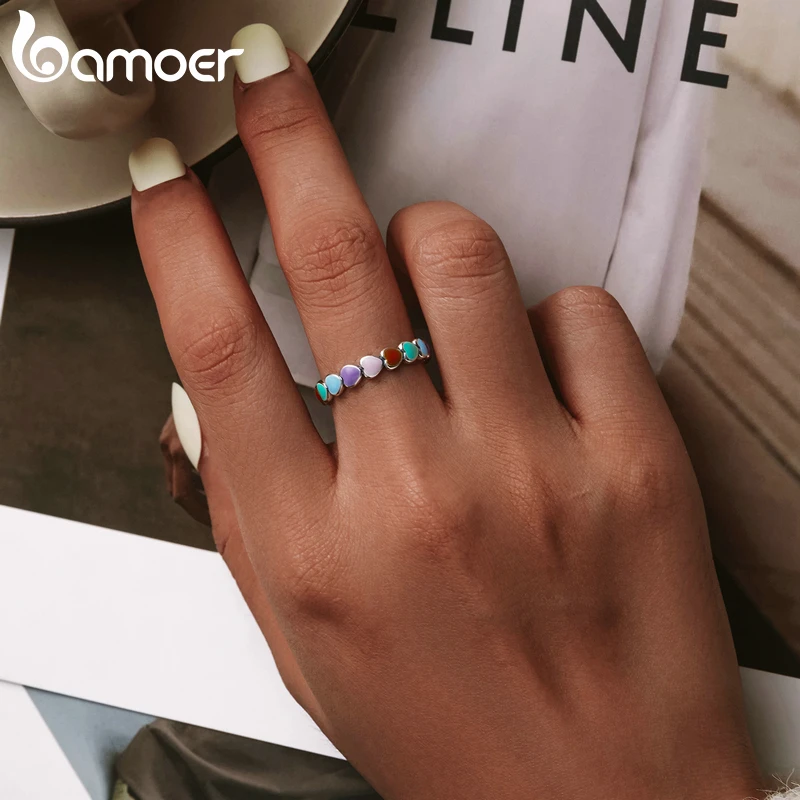 BAMOER Authentic 925 Sterling Silver Stackable Rainbow Heart Finger Rings for Women Wedding Engagement Ring Jewelry Anel SCR444