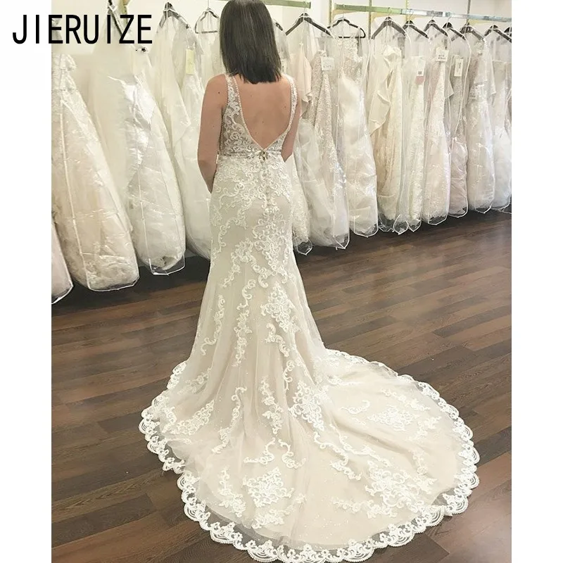 JIERUIZE Sexy Spitze Trompete Braut Hochzeit Kleider V-ausschnitt, Ärmelloses Applique Backless Meerjungfrau Boho Brautkleid vestidos de noiva