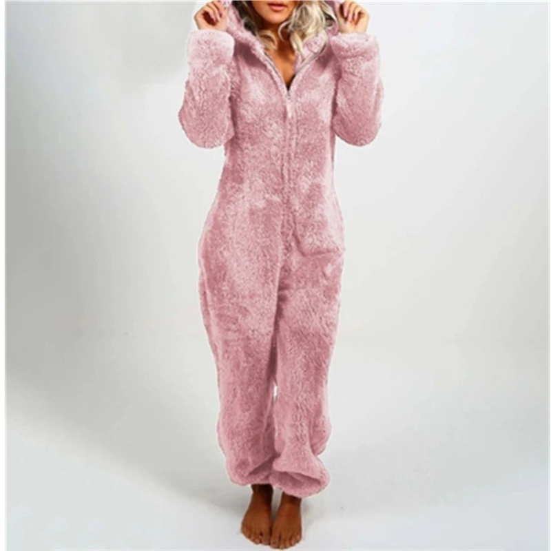 Women Warm Fleece Plush Hooded Pajamas Jumpsuit Autumn Winter Solid Color Long Sleeve Casual Sleepwear Homewear