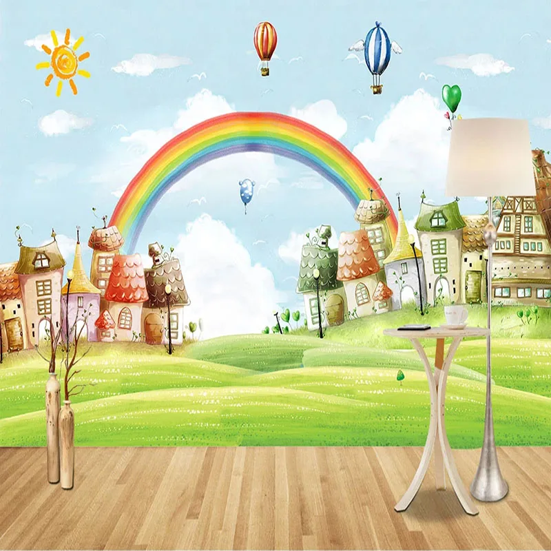 Custom Mural Papel De Parede 3D Cartoon Rainbow Balloon House Kindergarten Background Decoration Children Room Bedroom Wallpaper