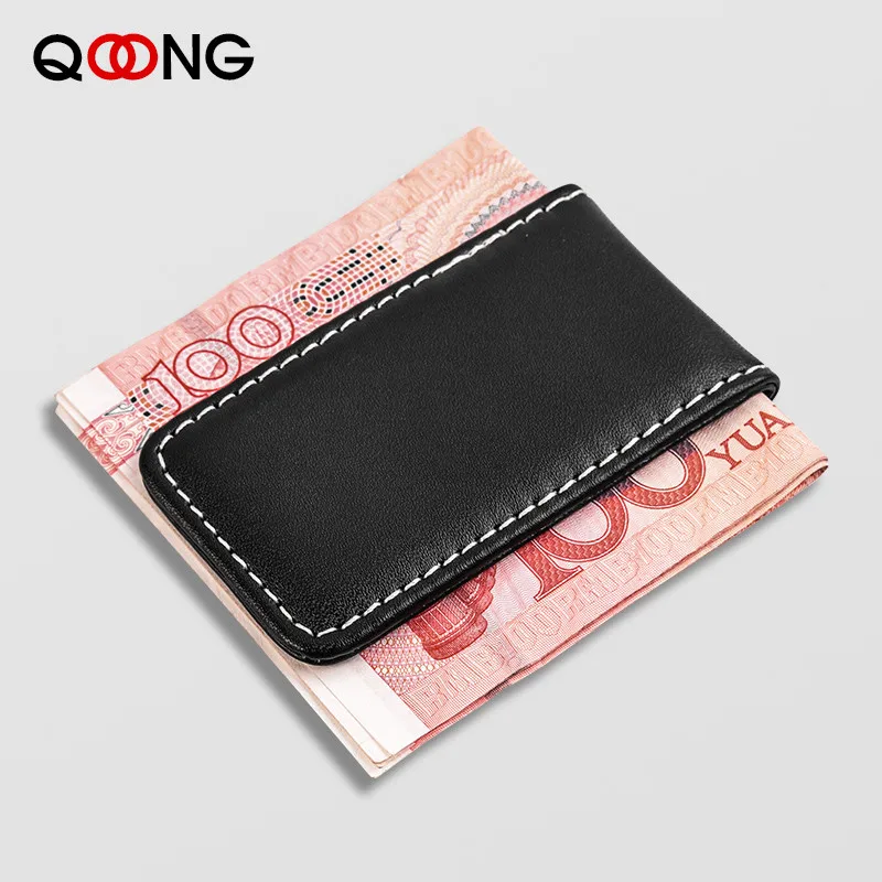 Qoong Uang Klip Dompet Slim Pria Wanita Vintage Magnet Yang Kuat Klip Uang Sapi Kulit PU Saku Clamp Uang Kartu Kredit case Pemegang