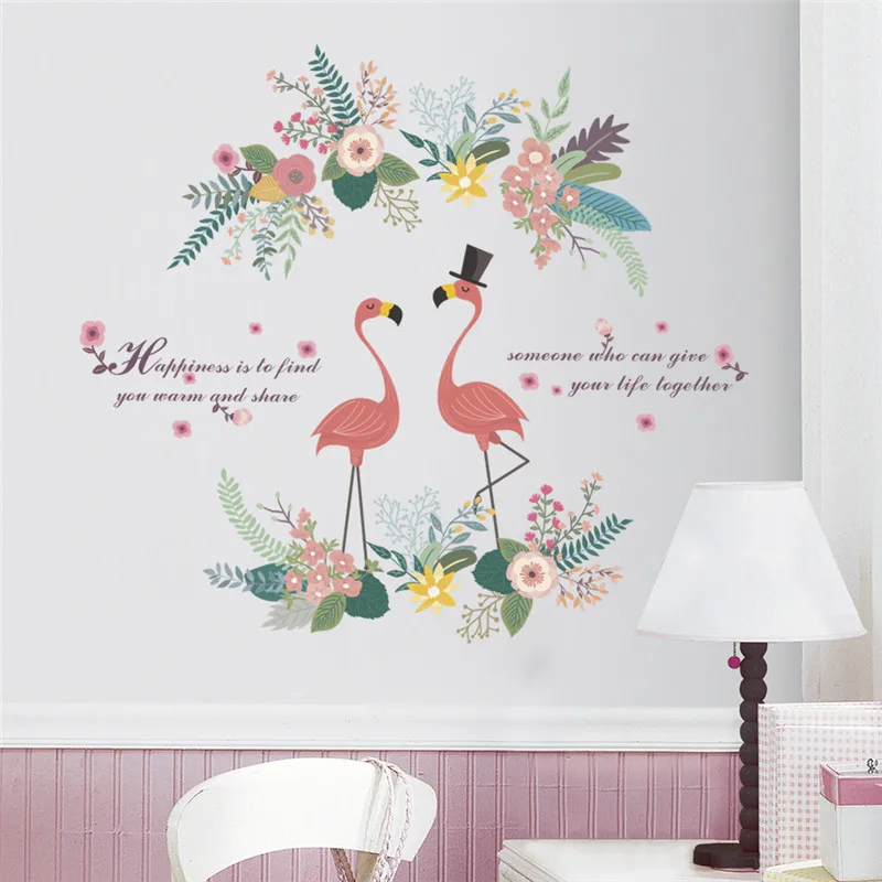 

Couple Flamingo Bird With Flowers Vine Wall Stickers For Shop Bedroom Living Room Home Decoration Safari Mural Art Diy Pvc Decal