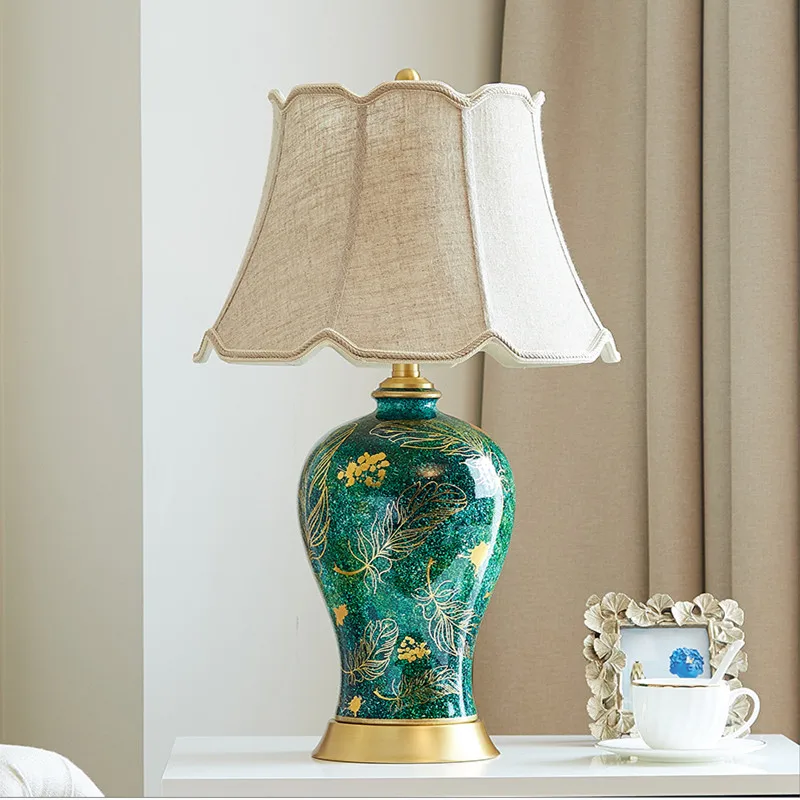 American medium green ceramic Table Lamps Classic fashion touch switch fabric E27 LED copper lamp for bedside&foyer&studio MF011