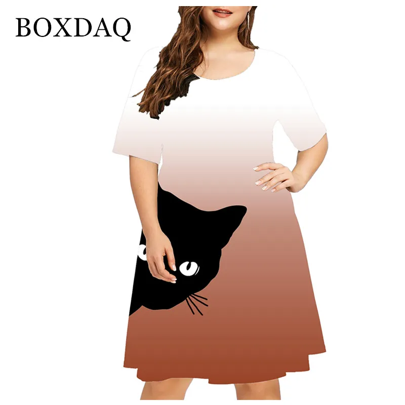 New 2021 Summer Women Cute Cat Print Dress Casual Short Sleeve Ladies Mini Dress Street Fashion Plus Size Women Clothing 4XL