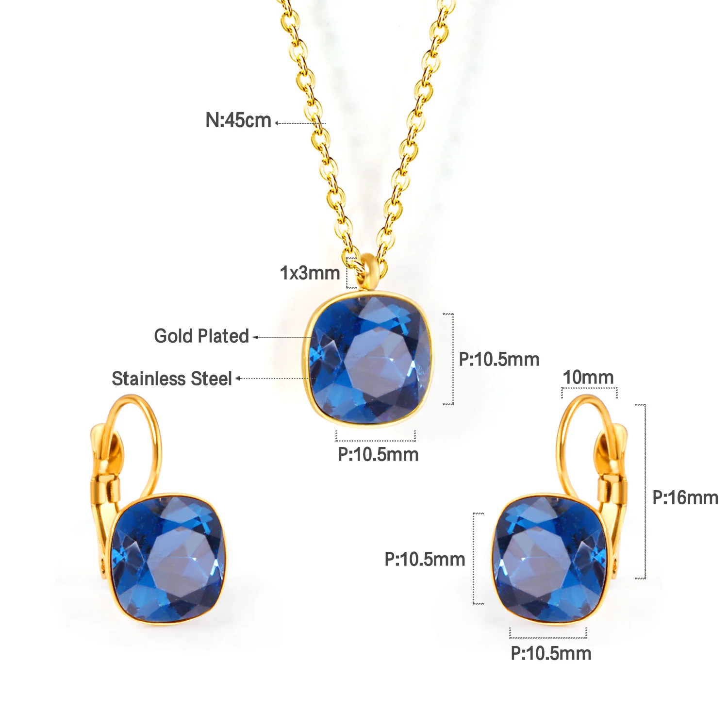 Square Multiple Color Crystal Pendant Necklace & Earrings Set