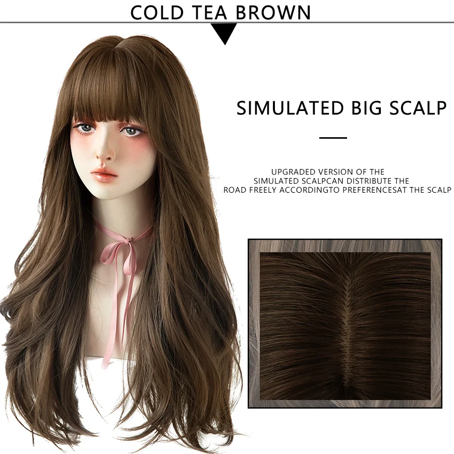 Women's Black Brown Long Wavy Synthetic Wig with Fluffy Bangs