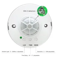 Interruptor de luz LED con sensor de movimiento PIR con 3 detectores, 110 V ~ 240 V, montaje en techo de 360 grados,