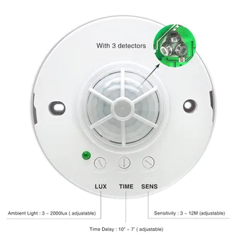 Sensor de movimento PIR de teto de 360 graus ajustável de alta sensibilidade com 3 detectores 110V 220V interruptor de luz LED