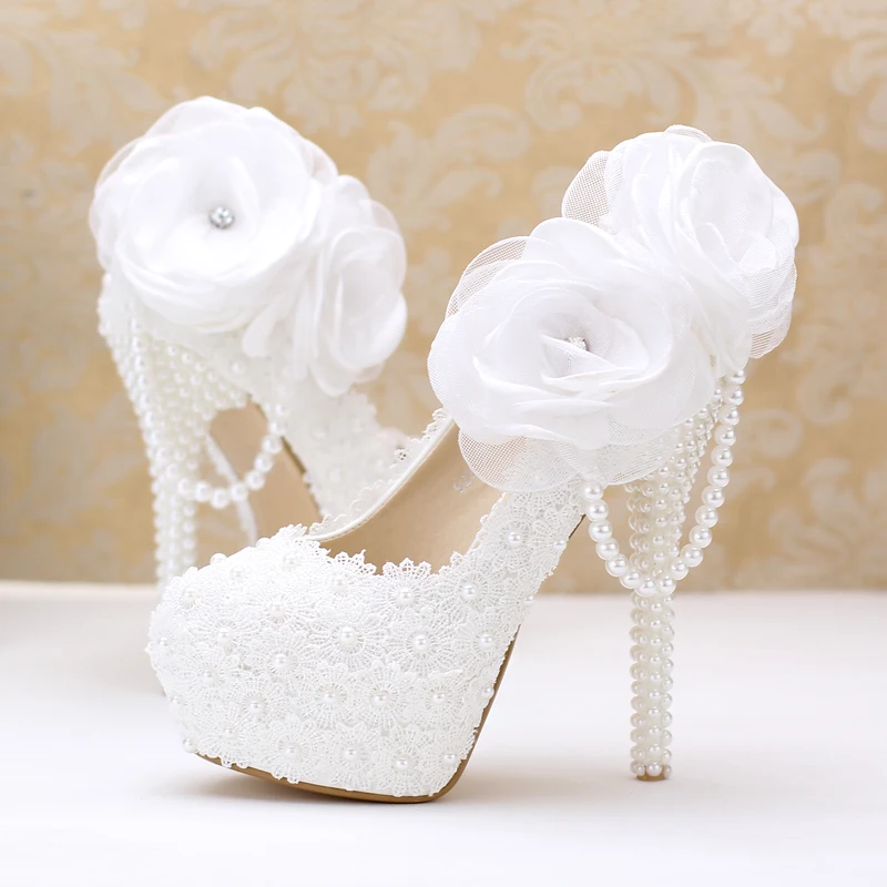 

2021 spring white lace flowers super high-heeled high-heeled wedding shoes banquet dress single shoes pearl female bridal shoes